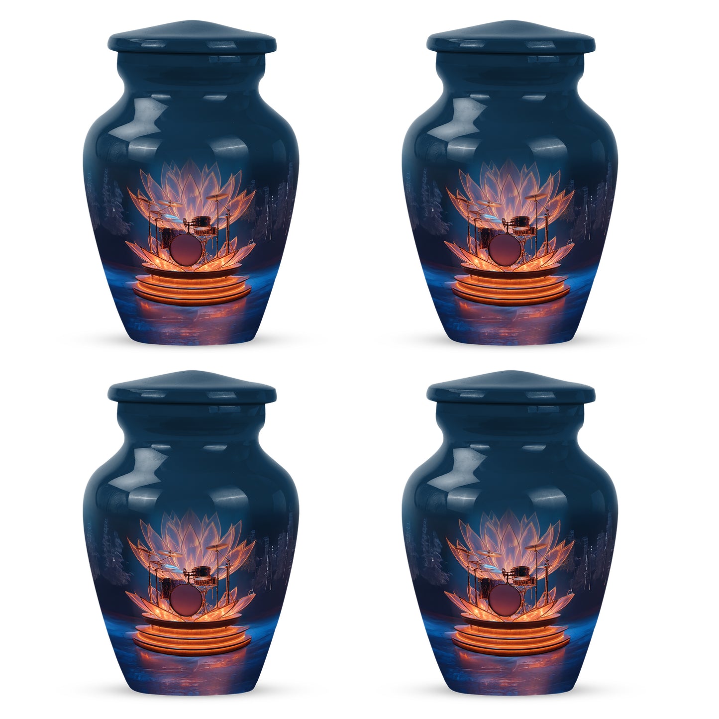 Royal Blue Drums Cremation Urn side profile showing urn shape - elegant classic drums relief with fine detailing - 10 inch aluminum urn for cremated remains