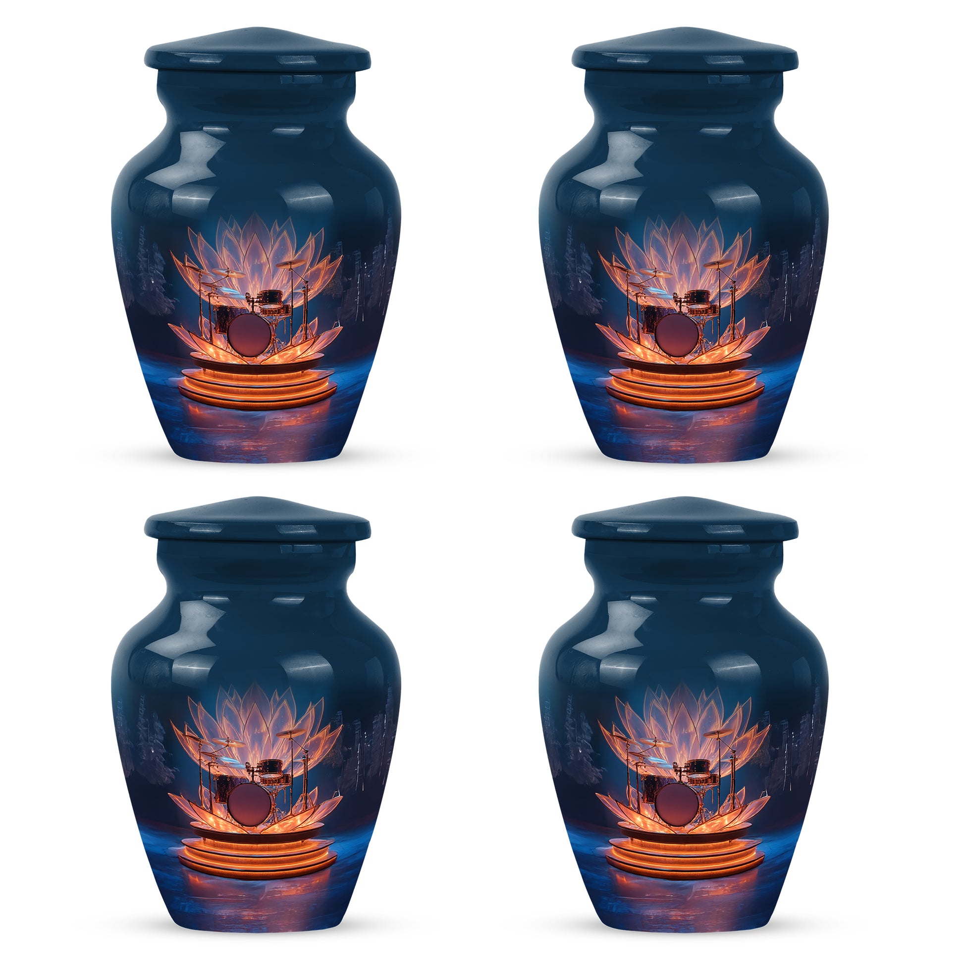 Royal Blue Drums Cremation Urn side profile showing urn shape - elegant classic drums relief with fine detailing - 10 inch aluminum urn for cremated remains