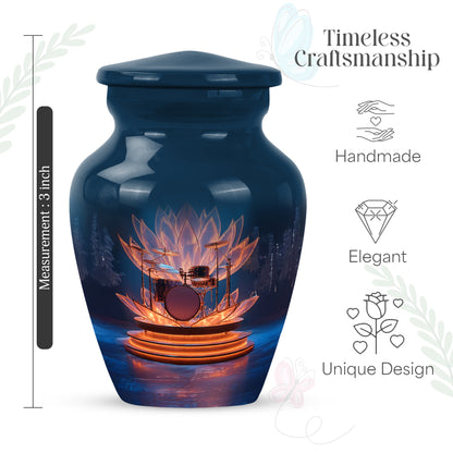 Azure Drums Cremation Urn close-up of engraving and surface detail - timeless drums motif etched into premium metal - mini keepsake memorial for portion of cremation ashes