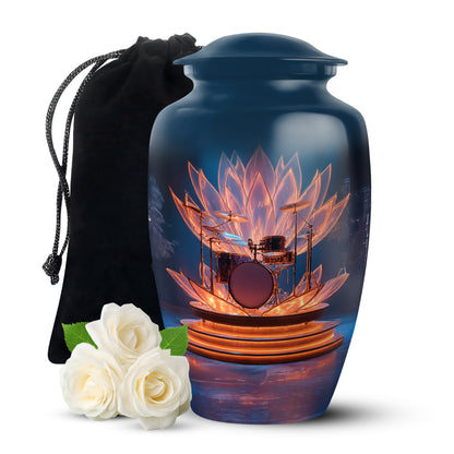 Calming Blue Drums Cremation Urn angled view of lid and engraved motif - traditional drums engraving with hand-polished finish - full-size 10 inch 200 cubic inch adult cremation urn