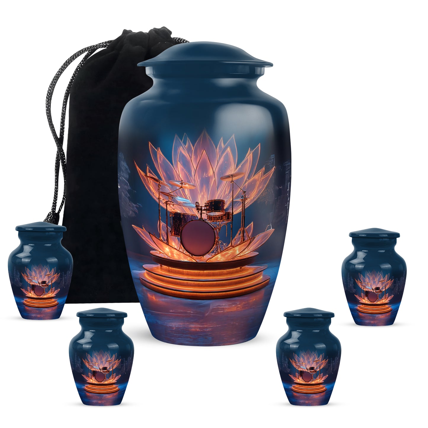 Navy Blue Drums Cremation Urn top-down view of secure threaded lid - classic sculpted drums pattern on smooth aluminum - memorial set with one large and four small urns