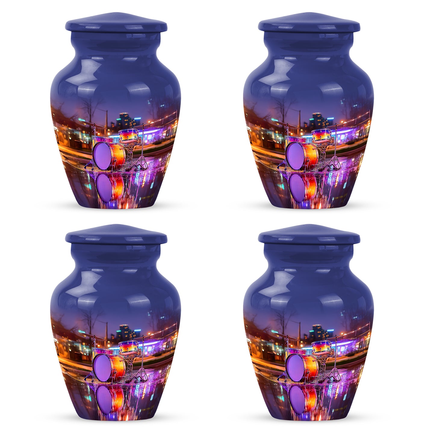 Sapphire Blue Drums Cremation Urn side profile showing urn shape - elegant classic drums relief with fine detailing - 10 inch aluminum urn for cremated remains