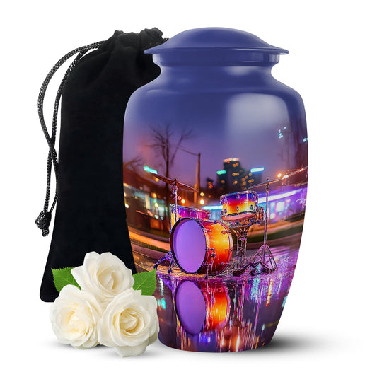 Cornflower Blue Drums Cremation Urn angled view of lid and engraved motif - traditional drums engraving with hand-polished finish - full-size 10 inch 200 cubic inch adult cremation urn
