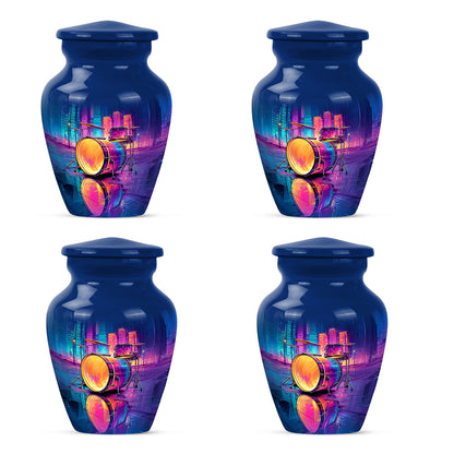 Vivid Blue Drums Cremation Urn side profile showing urn shape - elegant classic drums relief with fine detailing - 10 inch aluminum urn for cremated remains