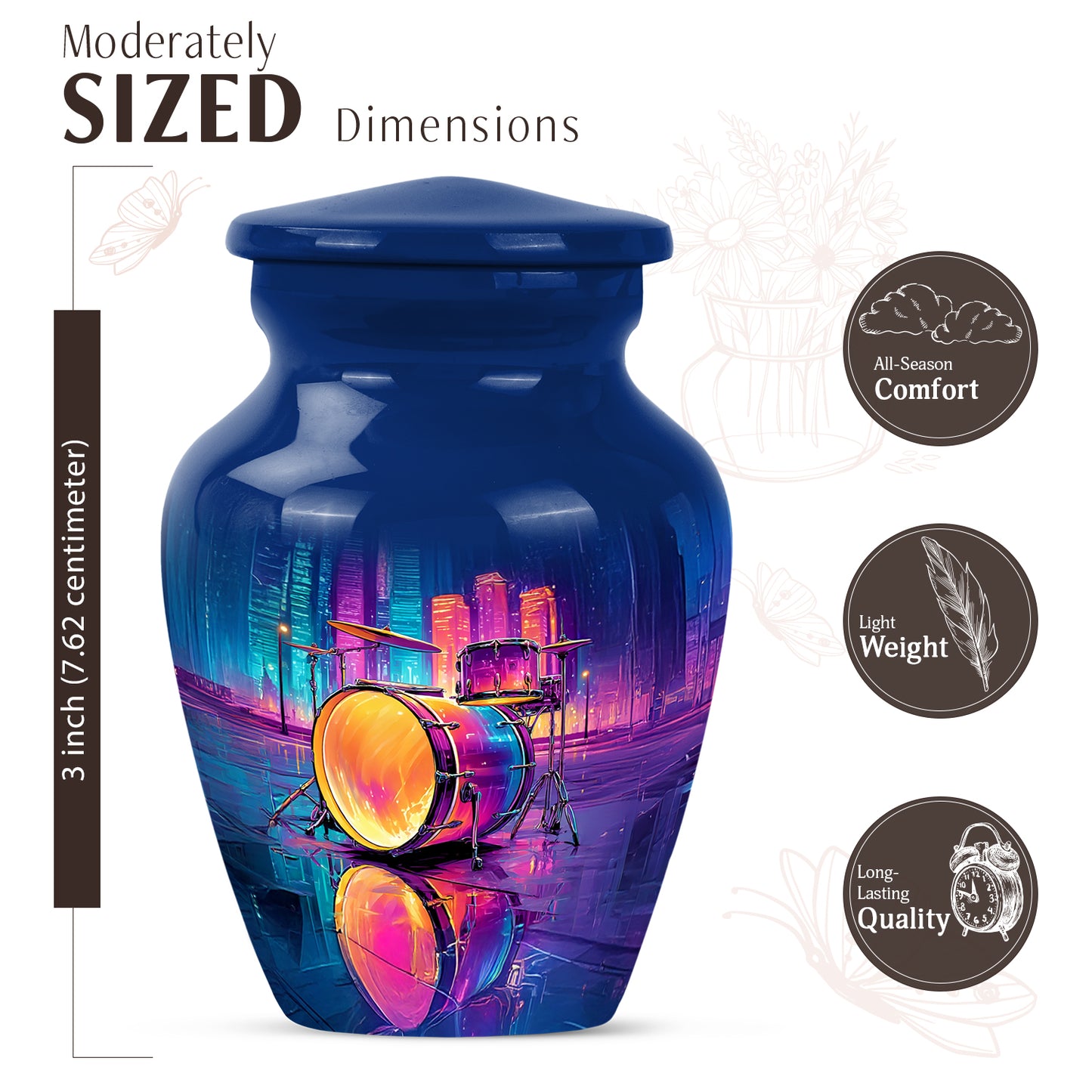 Indigo Drums Cremation Urn close-up of engraving and surface detail - timeless drums motif etched into premium metal - mini keepsake memorial for portion of cremation ashes
