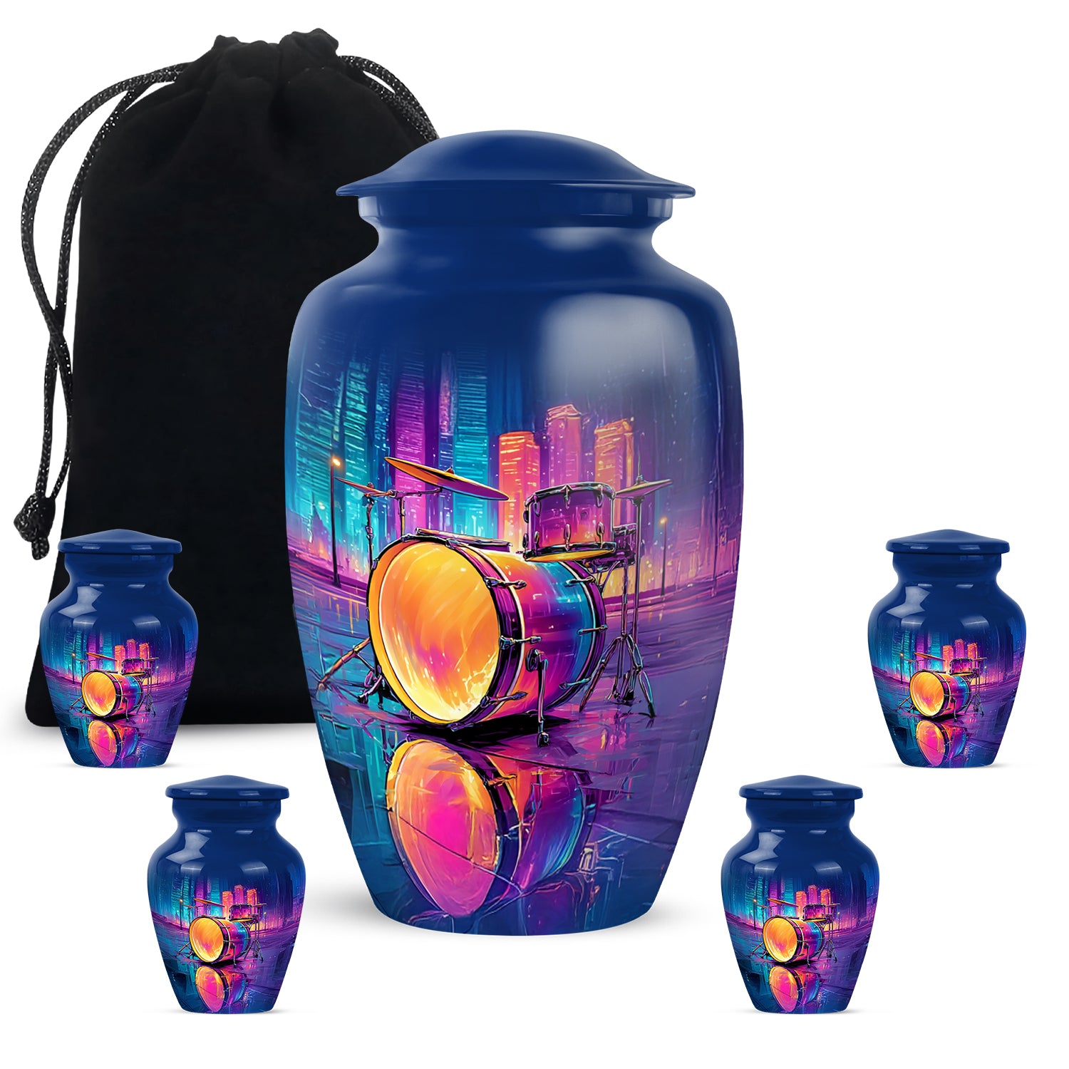 Bright Blue Drums Cremation Urn top-down view of secure threaded lid - traditional drums engraving with hand-polished finish - memorial set with one large and four small urns