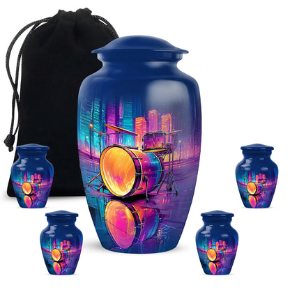 Bright Blue Drums Cremation Urn top-down view of secure threaded lid - traditional drums engraving with hand-polished finish - memorial set with one large and four small urns
