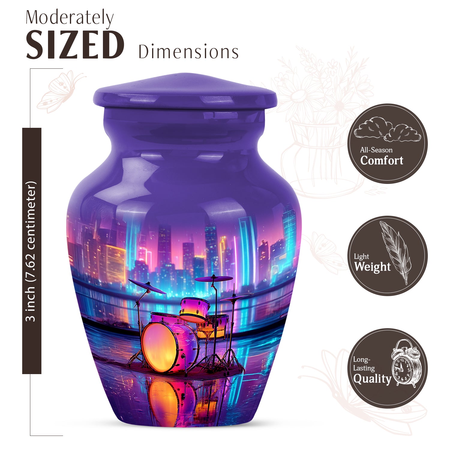 Dusty Blue Drums Cremation Urn close-up of engraving and surface detail - timeless drums motif etched into premium metal - mini keepsake memorial for portion of cremation ashes