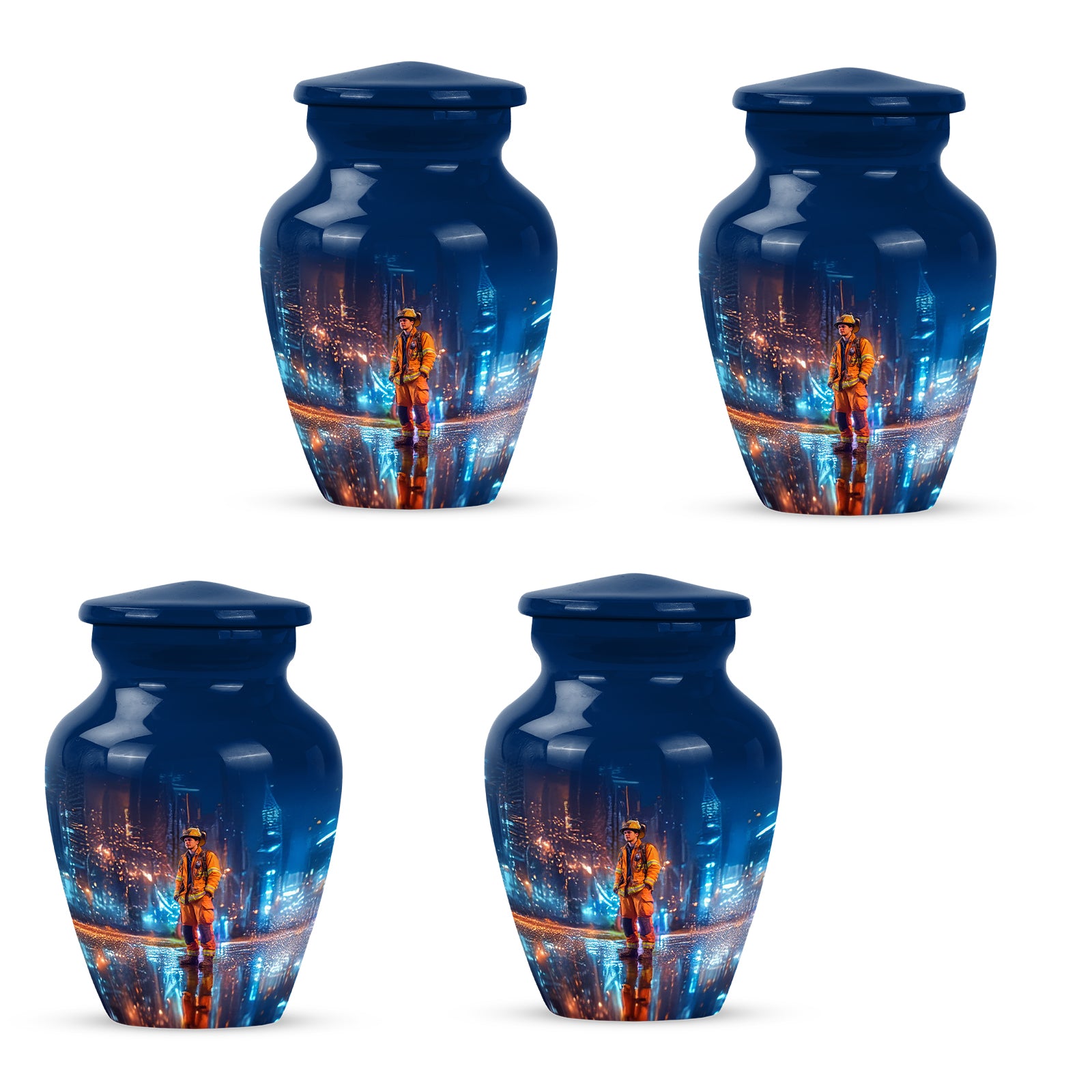 Sapphire Blue Firefighter Cremation Urn side profile showing urn shape - traditional firefighter engraving with hand-polished finish - 10 inch aluminum urn for cremated remains