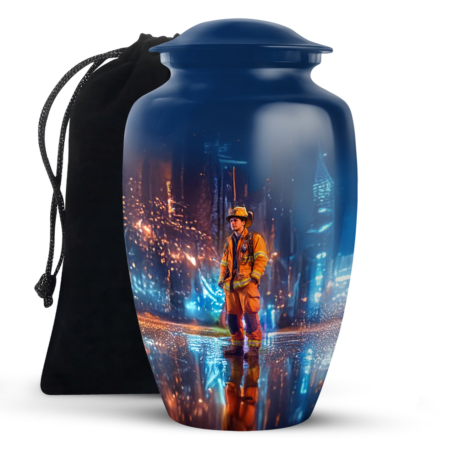 Navy Blue Firefighter Cremation Urn angled view of lid and engraved motif - timeless firefighter motif etched into premium metal - full-size 10 inch 200 cubic inch adult cremation urn
