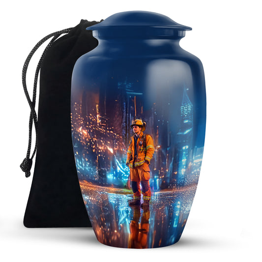 Navy Blue Firefighter Cremation Urn angled view of lid and engraved motif - timeless firefighter motif etched into premium metal - full-size 10 inch 200 cubic inch adult cremation urn