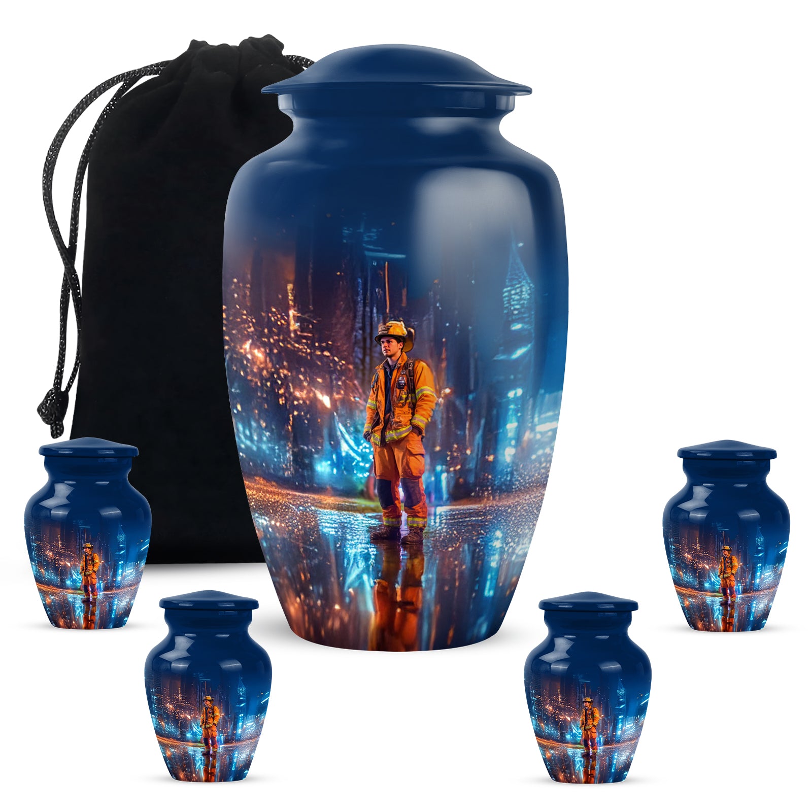 Dusty Blue Firefighter Cremation Urn top-down view of secure threaded lid - classic sculpted firefighter pattern on smooth aluminum - memorial set with one large and four small urns
