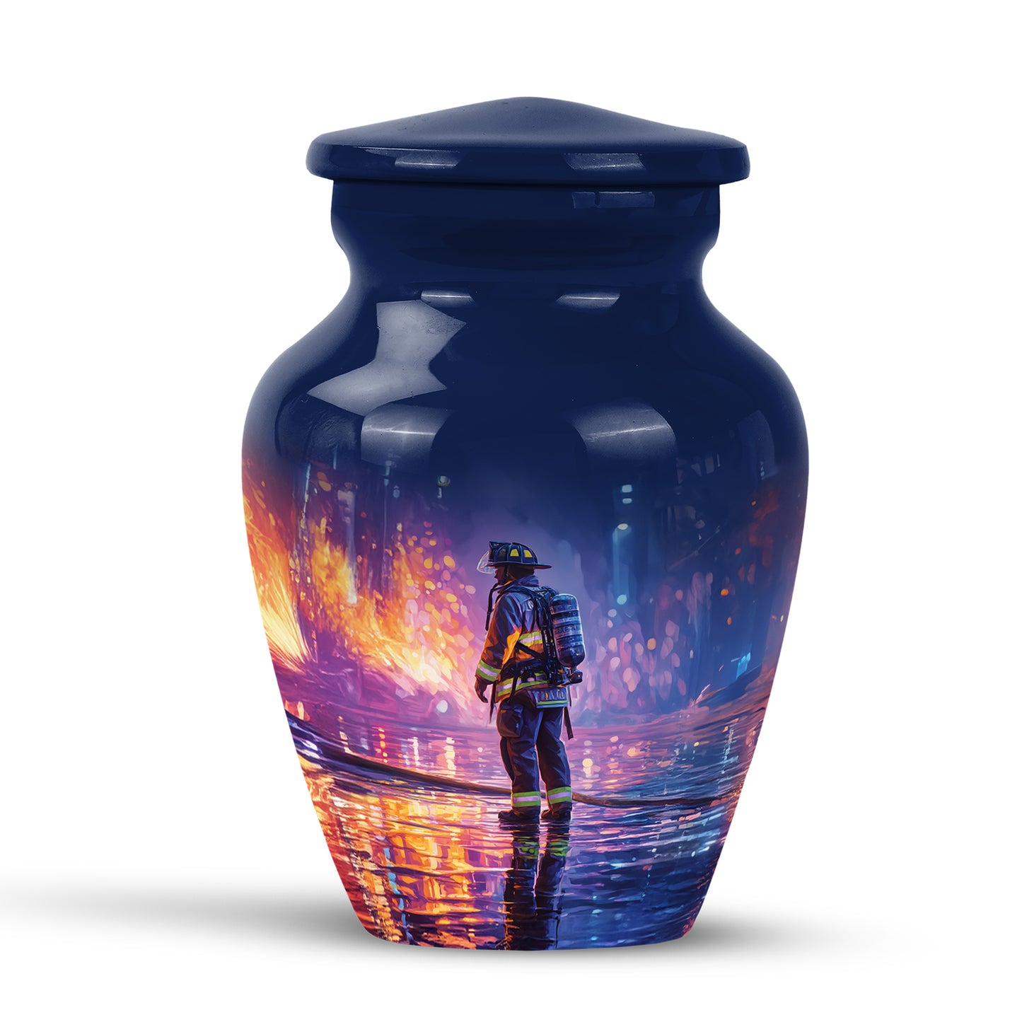 Blue Venerable Firefighter Cremation Urns for Human Ashes - 10-inch, 200 cu in - Yatskia