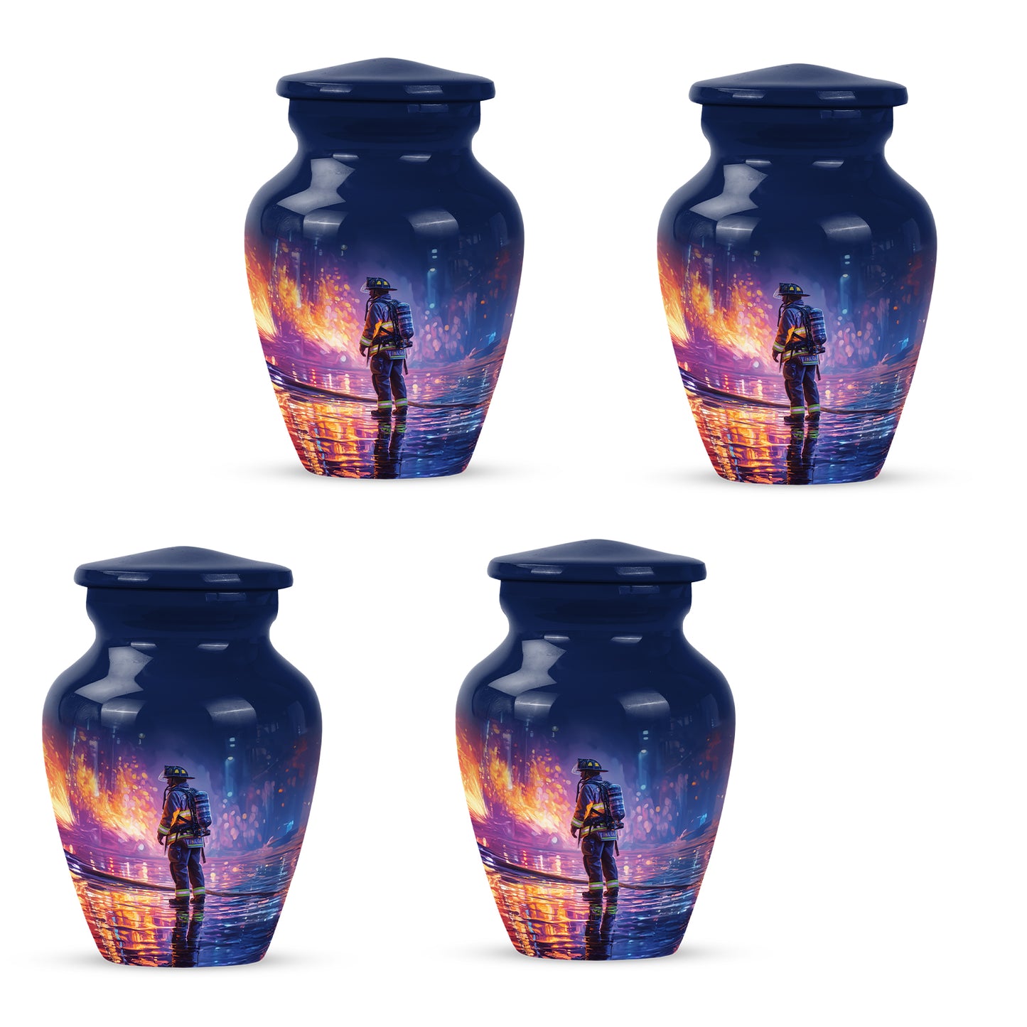 Icy Blue Firefighter Cremation Urn side profile showing urn shape - classic sculpted firefighter pattern on smooth aluminum - 10 inch aluminum urn for cremated remains
