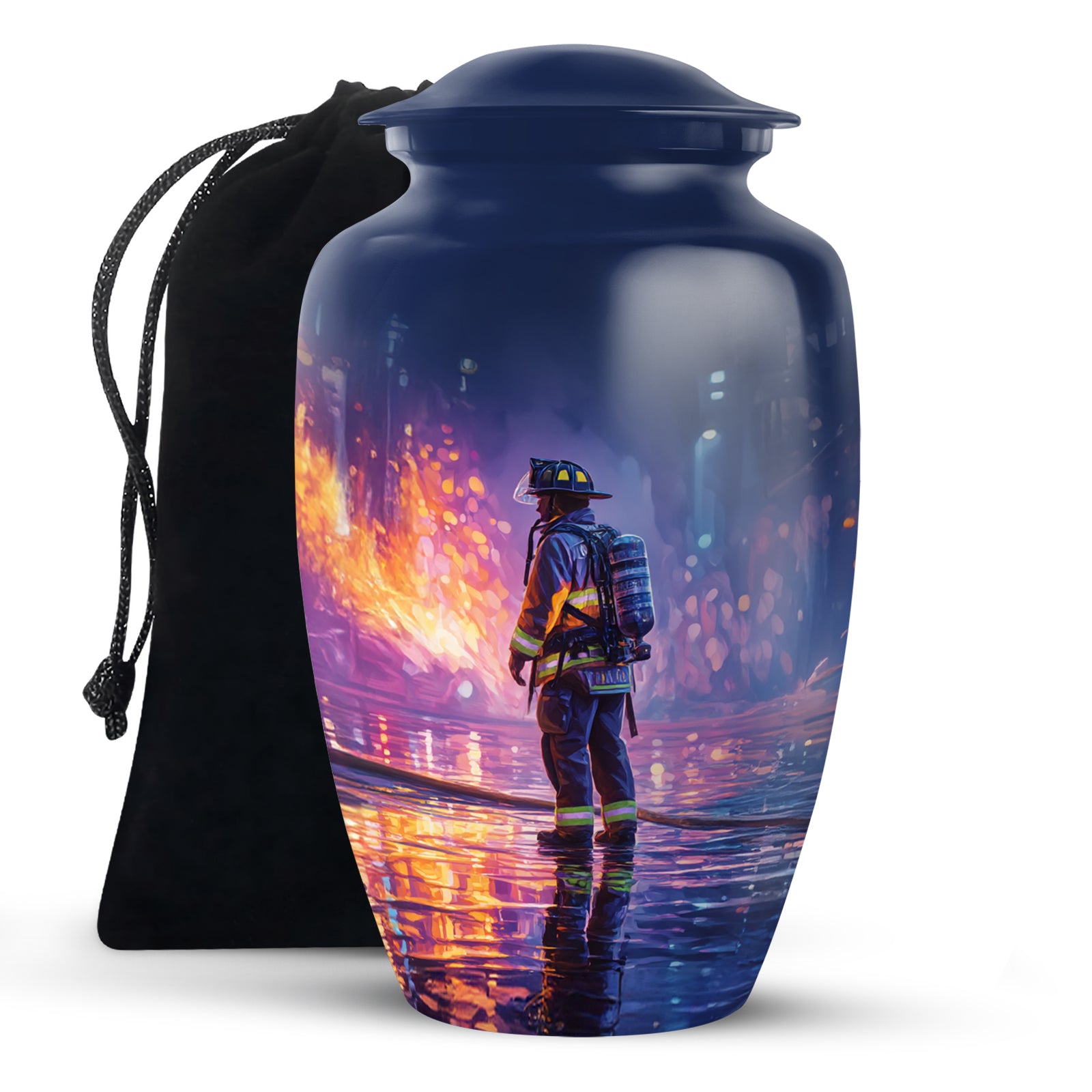 Cobalt Blue Firefighter Cremation Urn angled view of lid and engraved motif - elegant classic firefighter relief with fine detailing - full-size 10 inch 200 cubic inch adult cremation urn