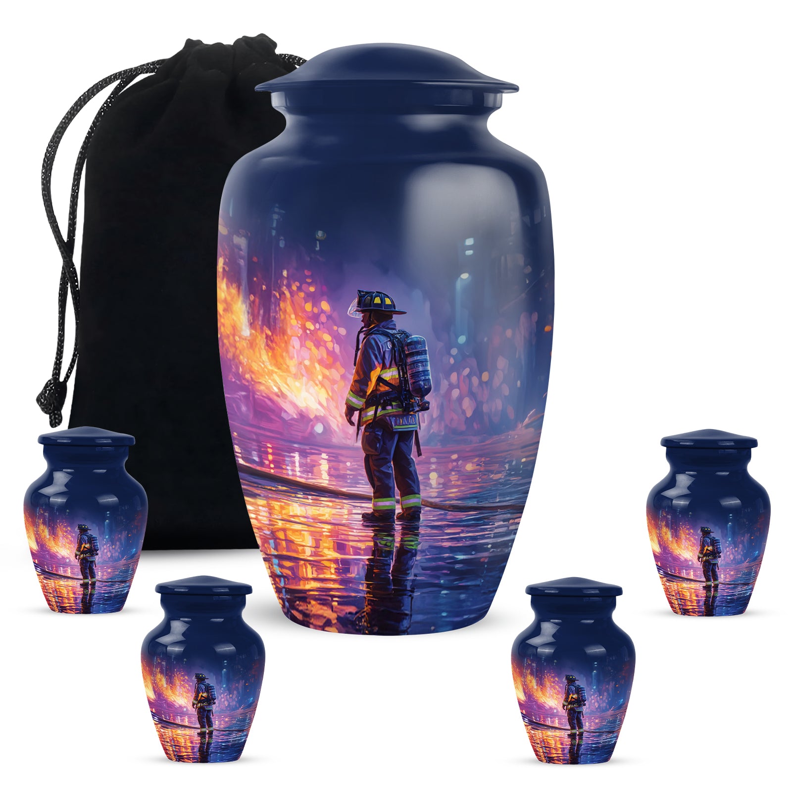 Pastel Blue Firefighter Cremation Urn top-down view of secure threaded lid - classic sculpted firefighter pattern on smooth aluminum - memorial set with one large and four small urns