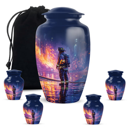 Pastel Blue Firefighter Cremation Urn top-down view of secure threaded lid - classic sculpted firefighter pattern on smooth aluminum - memorial set with one large and four small urns