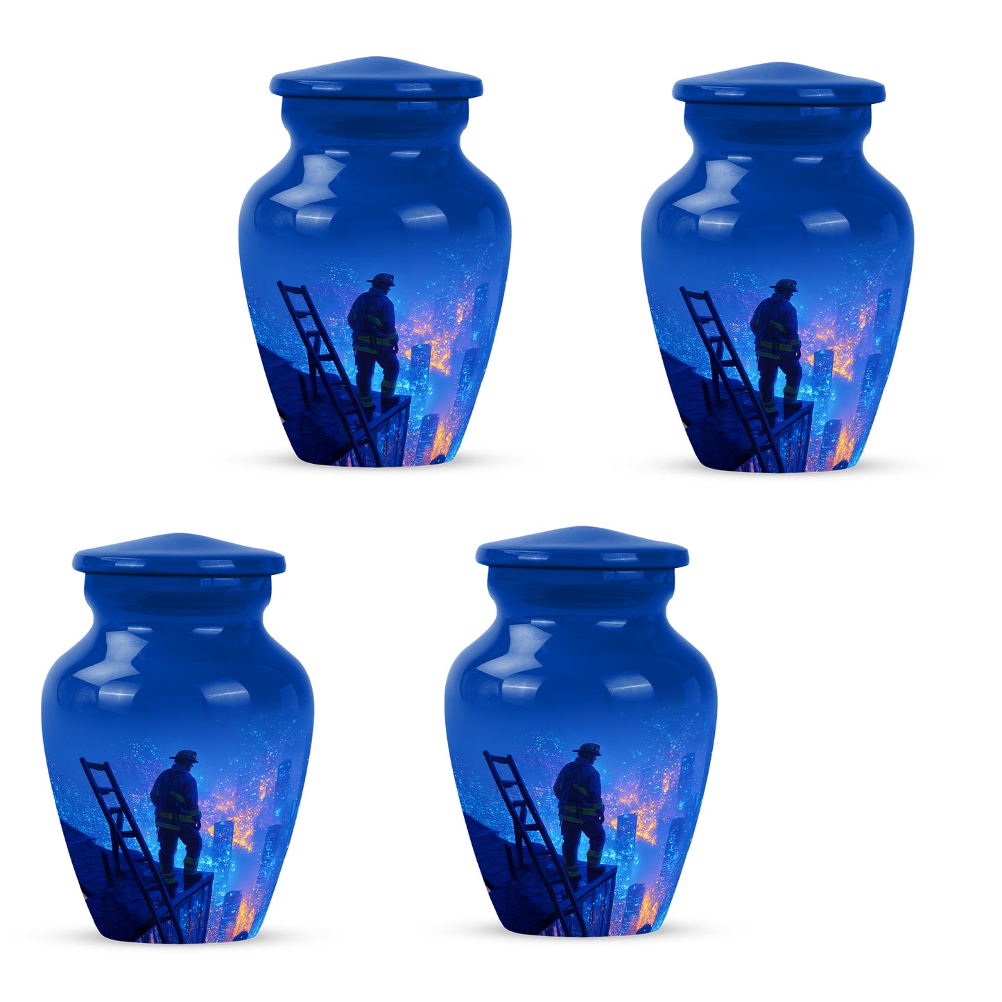 Cornflower Blue Firefighter Cremation Urn side profile showing urn shape - elegant classic firefighter relief with fine detailing - 10 inch aluminum urn for cremated remains