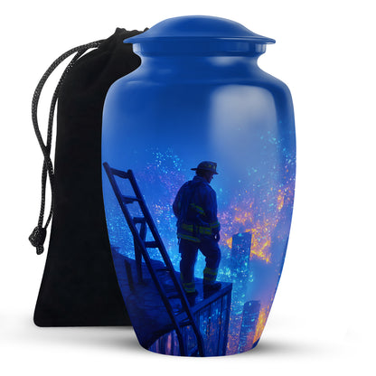 Cobalt Blue Firefighter Cremation Urn angled view of lid and engraved motif - elegant classic firefighter relief with fine detailing - full-size 10 inch 200 cubic inch adult cremation urn