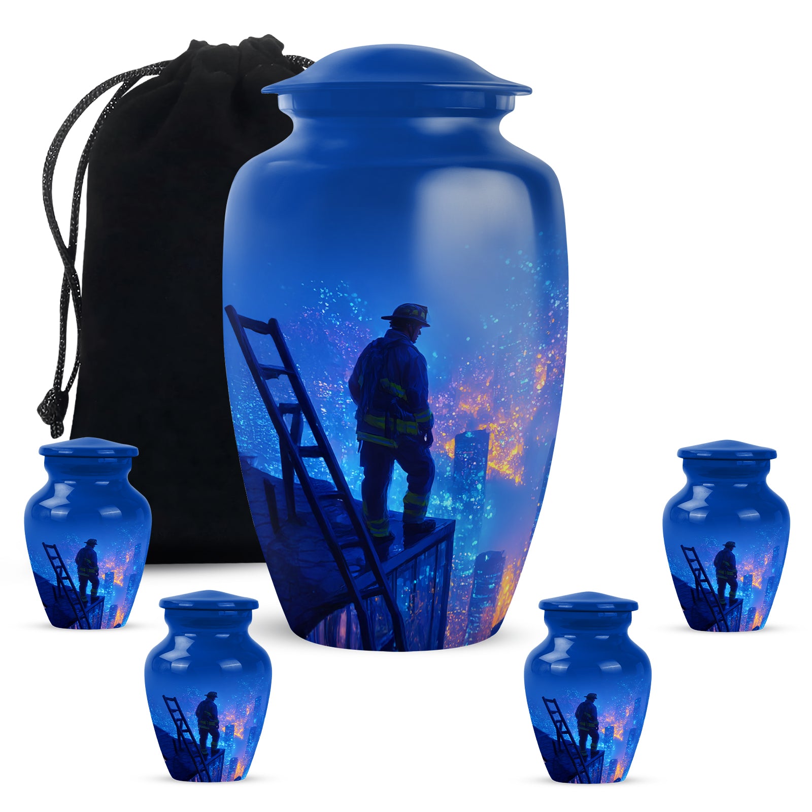 Twilight Blue Firefighter Cremation Urn top-down view of secure threaded lid - elegant classic firefighter relief with fine detailing - memorial set with one large and four small urns