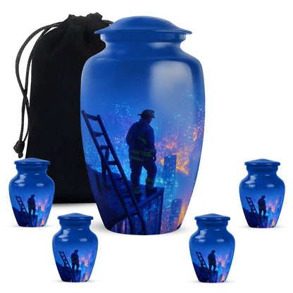 Twilight Blue Firefighter Cremation Urn top-down view of secure threaded lid - elegant classic firefighter relief with fine detailing - memorial set with one large and four small urns