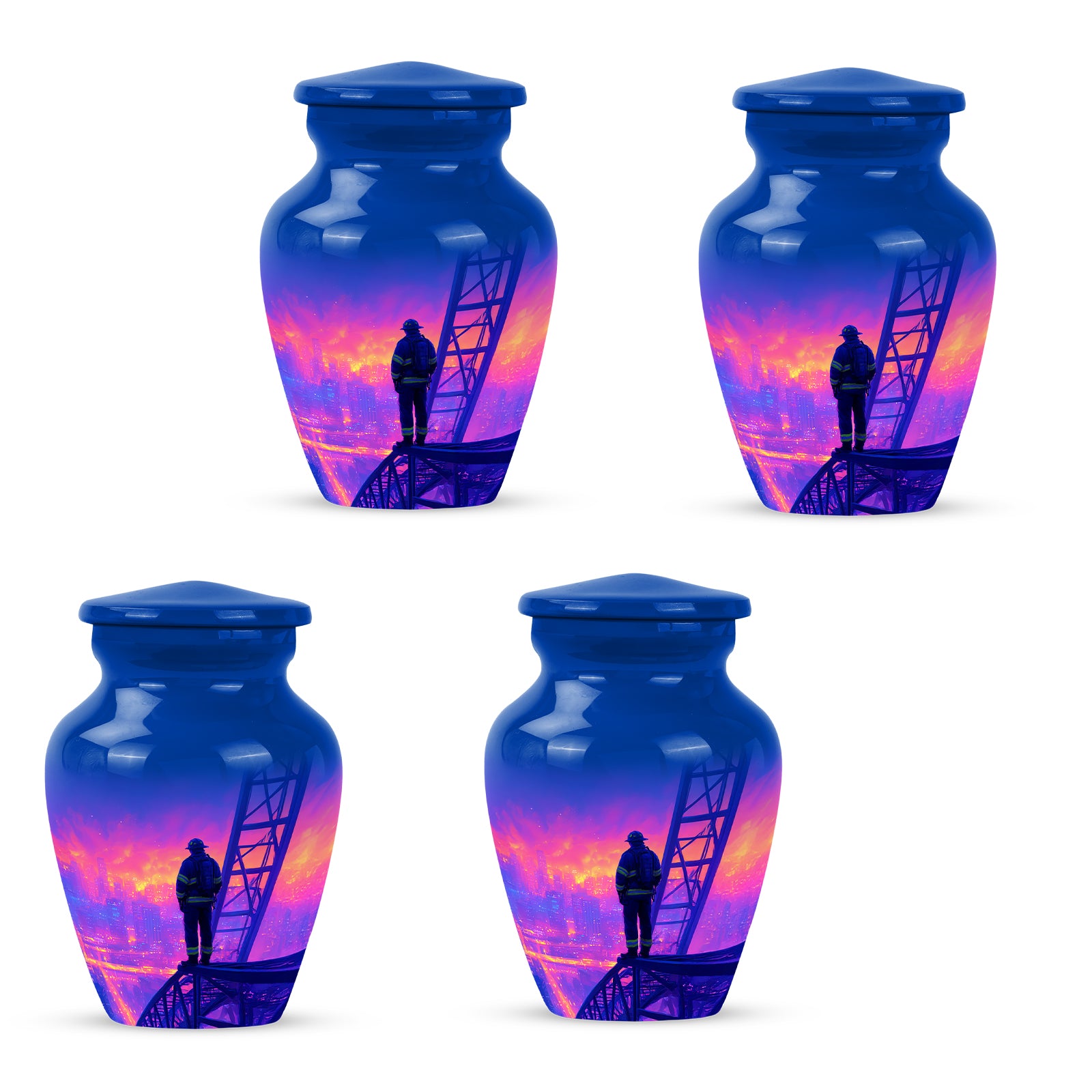 Serene Blue Firefighter Cremation Urn side profile showing urn shape - elegant classic firefighter relief with fine detailing - 10 inch aluminum urn for cremated remains