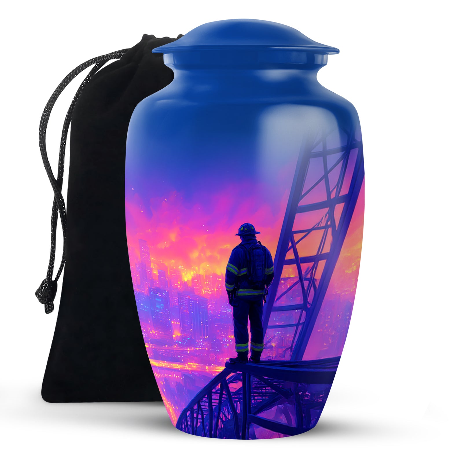 Bright Blue Firefighter Cremation Urn angled view of lid and engraved motif - traditional firefighter engraving with hand-polished finish - full-size 10 inch 200 cubic inch adult cremation urn