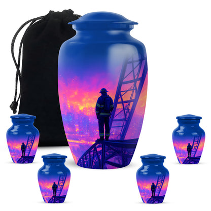 Vivid Blue Firefighter Cremation Urn top-down view of secure threaded lid - traditional firefighter engraving with hand-polished finish - memorial set with one large and four small urns