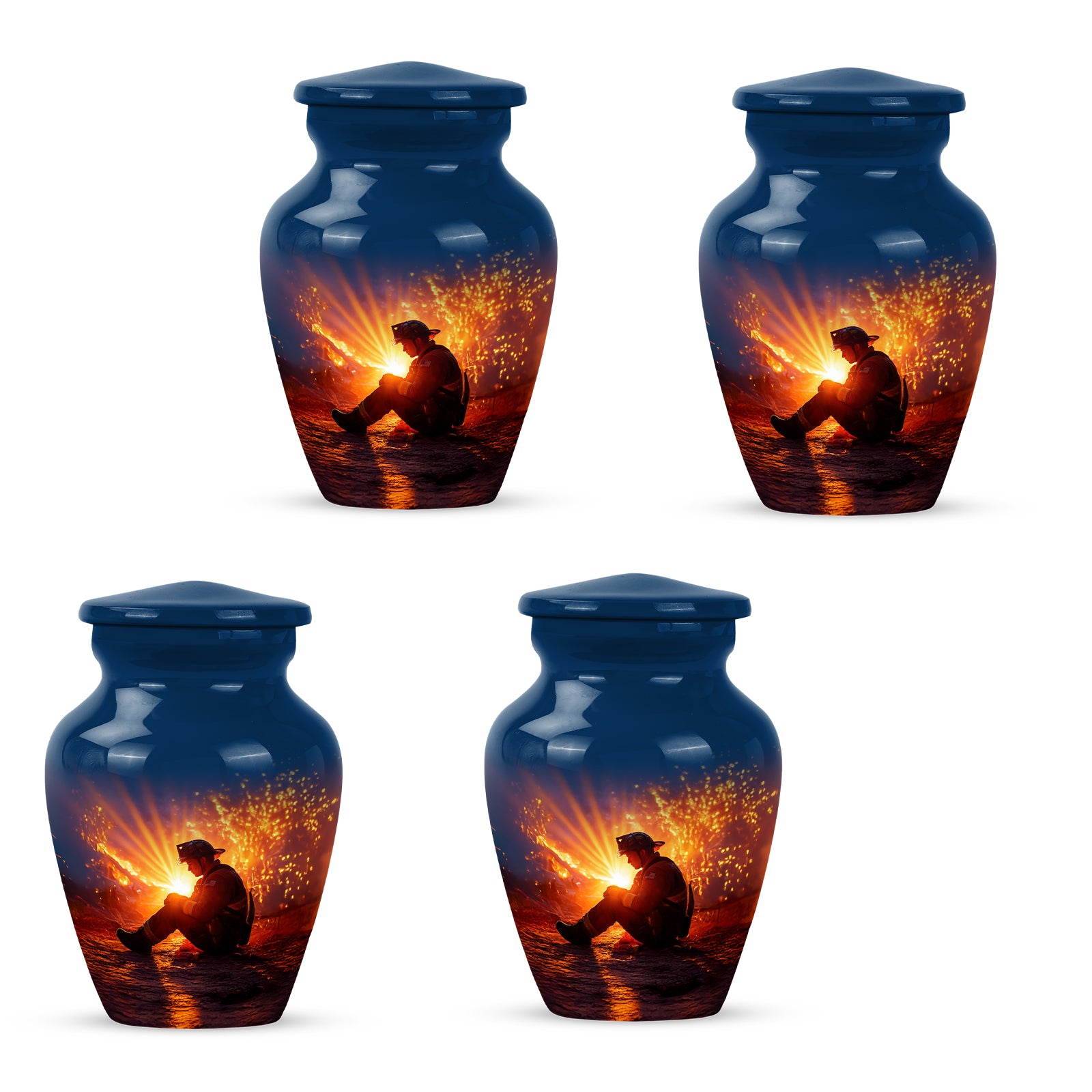 Azure Firefighter Cremation Urn side profile showing urn shape - timeless firefighter motif etched into premium metal - 10 inch aluminum urn for cremated remains
