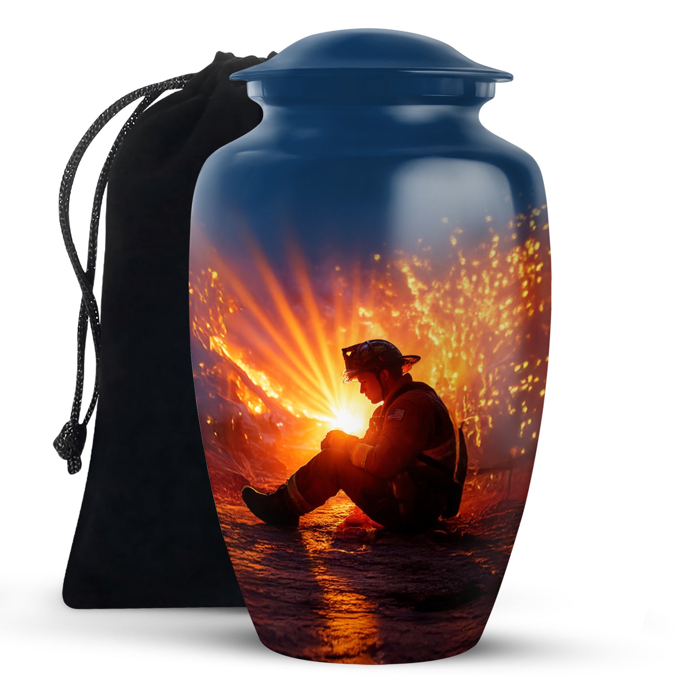 Steel Blue Firefighter Cremation Urn angled view of lid and engraved motif - traditional firefighter engraving with hand-polished finish - full-size 10 inch 200 cubic inch adult cremation urn
