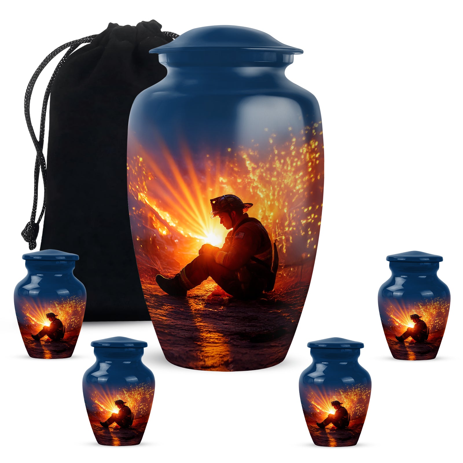 Sapphire Blue Firefighter Cremation Urn top-down view of secure threaded lid - traditional firefighter engraving with hand-polished finish - memorial set with one large and four small urns