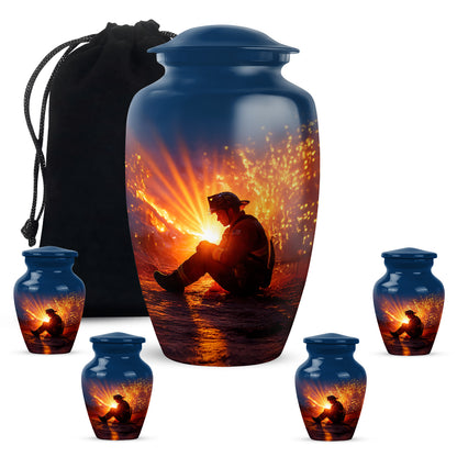 Sapphire Blue Firefighter Cremation Urn top-down view of secure threaded lid - traditional firefighter engraving with hand-polished finish - memorial set with one large and four small urns