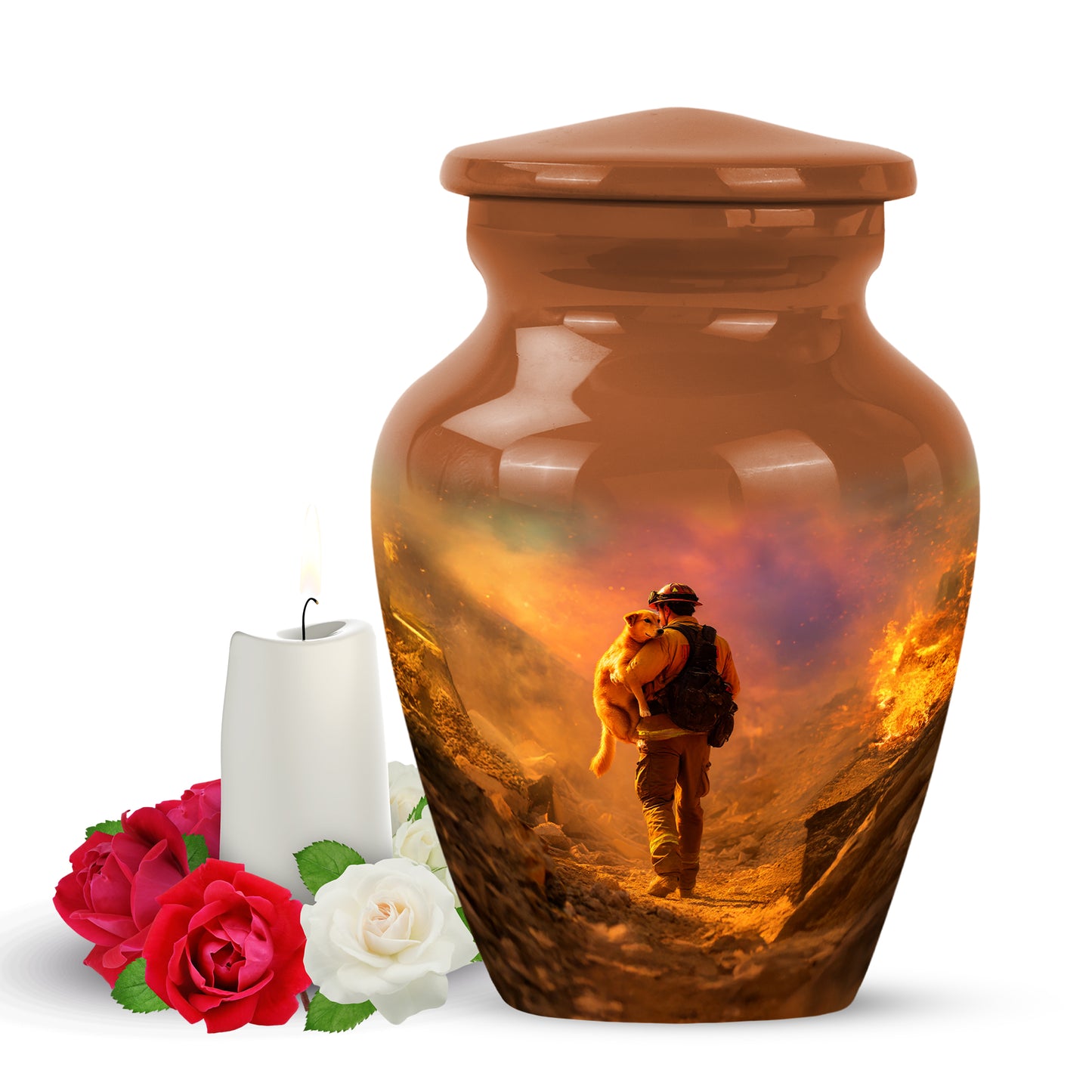 Gold Beloved Firefighter Cremation Urns for Human Ashes - 10-inch, 200 cu in - Yatskia