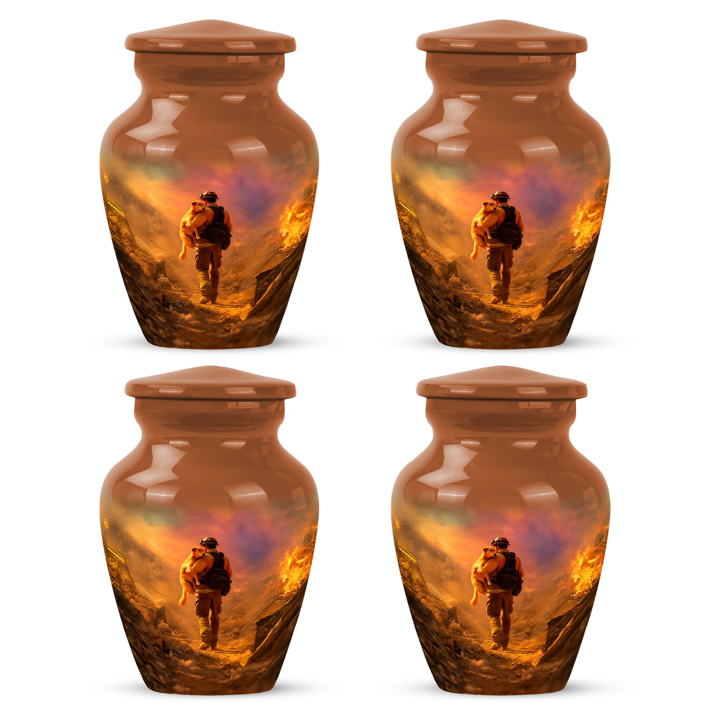 Sunrise Gold Firefighter Cremation Urn side profile showing urn shape - timeless firefighter motif etched into premium metal - 10 inch aluminum urn for cremated remains