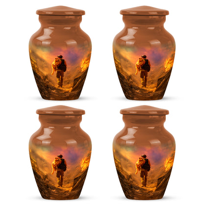 Sunrise Gold Firefighter Cremation Urn side profile showing urn shape - timeless firefighter motif etched into premium metal - 10 inch aluminum urn for cremated remains
