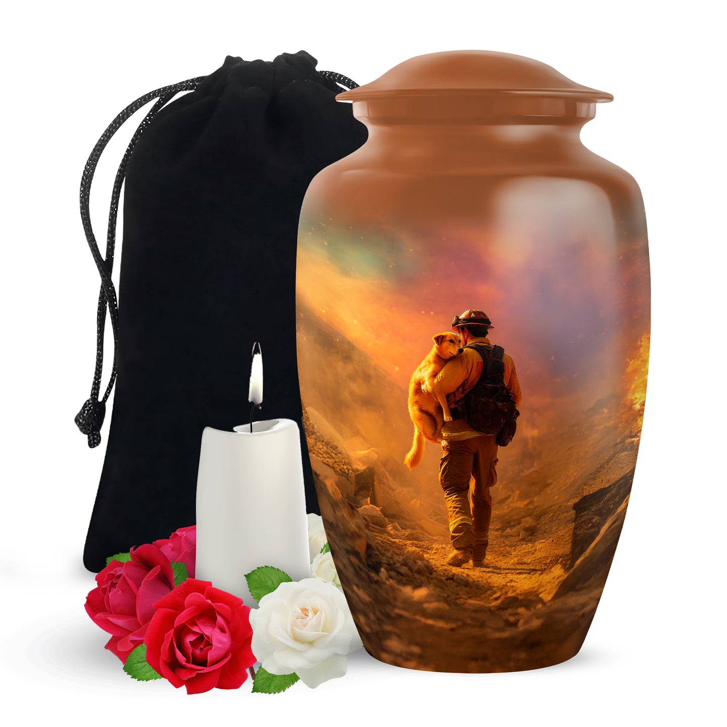 Royal Gold Firefighter Cremation Urn angled view of lid and engraved motif - traditional firefighter engraving with hand-polished finish - full-size 10 inch 200 cubic inch adult cremation urn