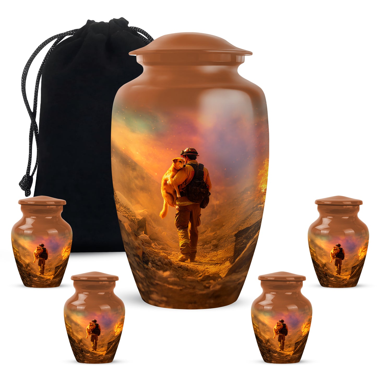 Royal Gold Firefighter Cremation Urn top-down view of secure threaded lid - traditional firefighter engraving with hand-polished finish - memorial set with one large and four small urns
