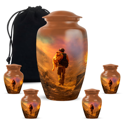 Royal Gold Firefighter Cremation Urn top-down view of secure threaded lid - traditional firefighter engraving with hand-polished finish - memorial set with one large and four small urns