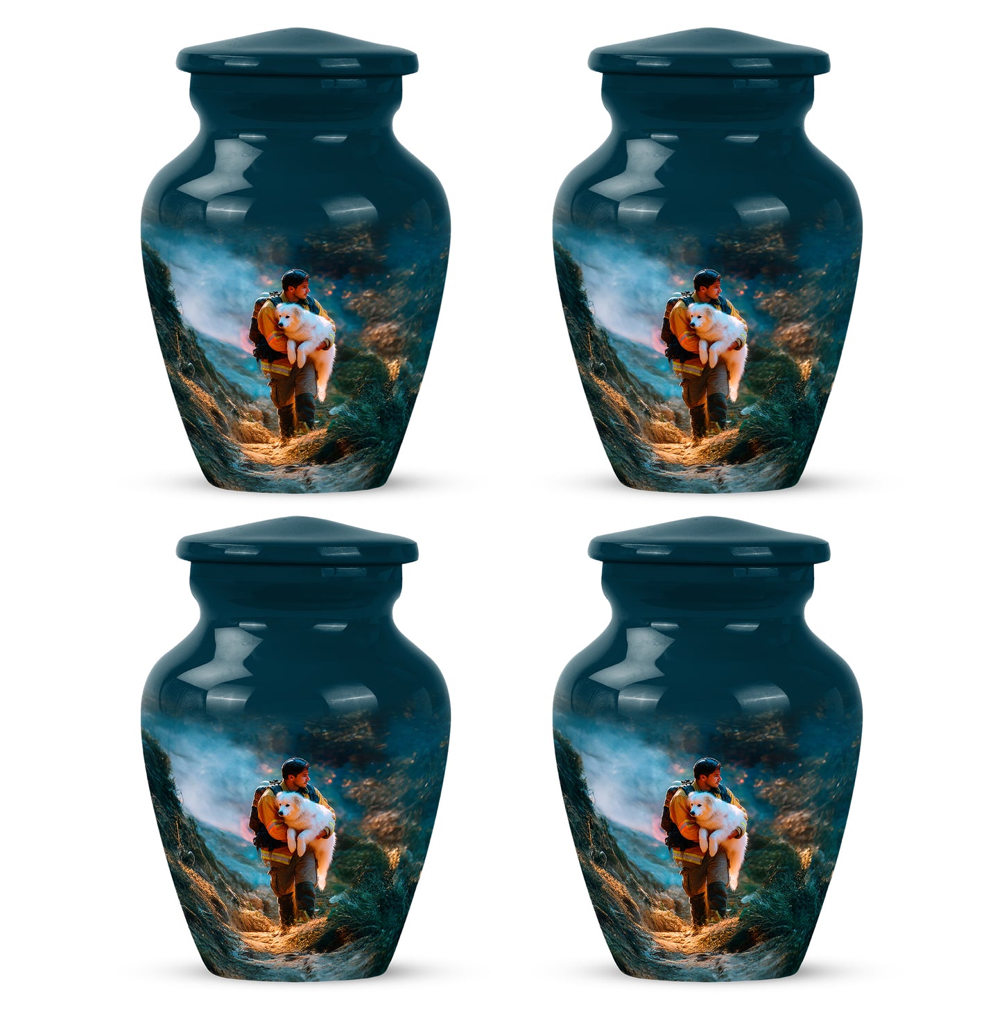 Sea Green Teal Firefighter Cremation Urn side profile showing urn shape - timeless firefighter motif etched into premium metal - 10 inch aluminum urn for cremated remains