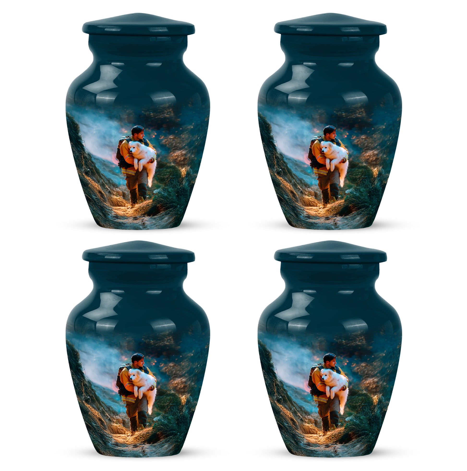 Sea Green Teal Firefighter Cremation Urn side profile showing urn shape - timeless firefighter motif etched into premium metal - 10 inch aluminum urn for cremated remains