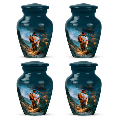 Sea Green Teal Firefighter Cremation Urn side profile showing urn shape - timeless firefighter motif etched into premium metal - 10 inch aluminum urn for cremated remains