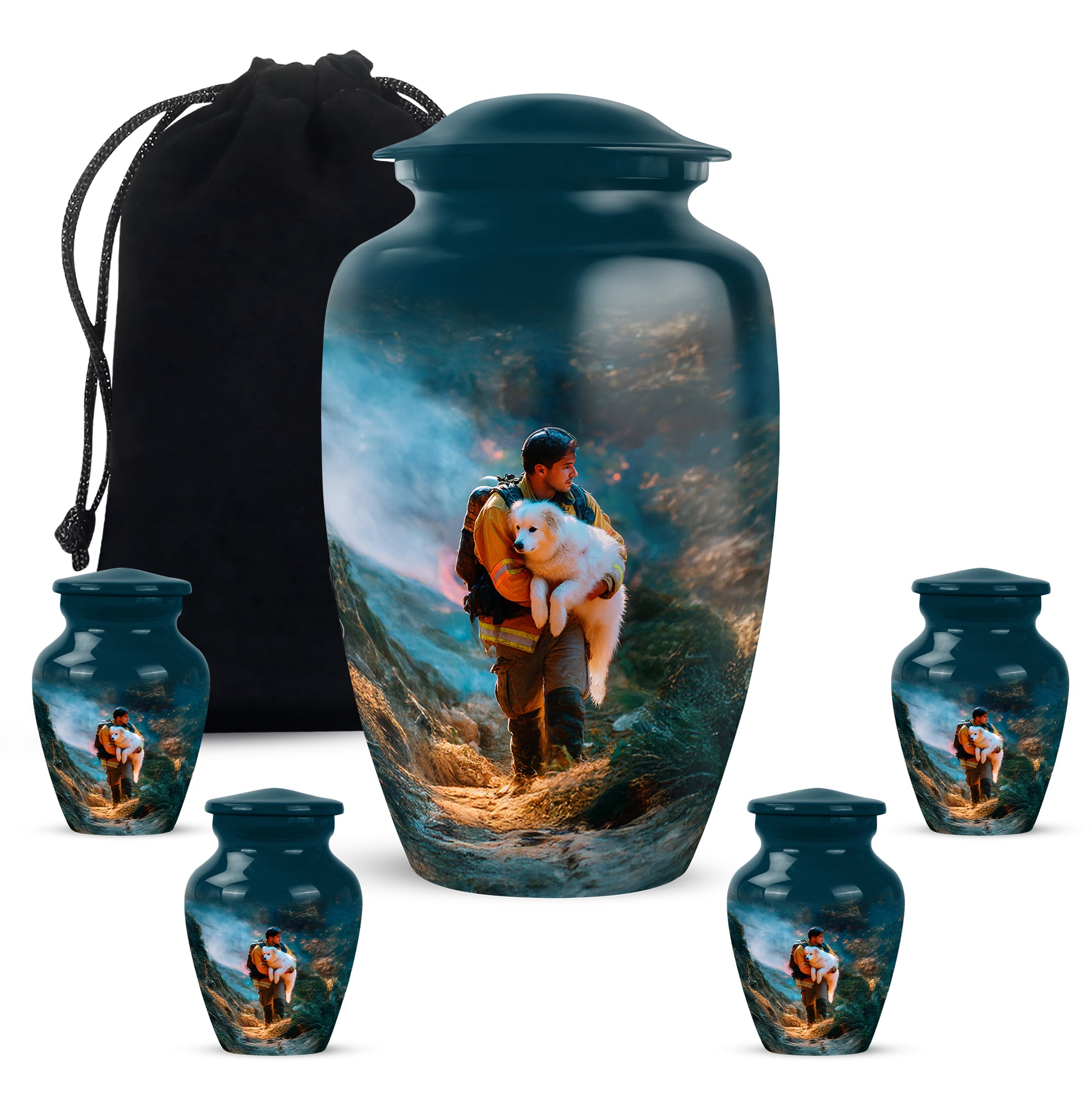 Sea Green Teal Firefighter Cremation Urn top-down view of secure threaded lid - classic sculpted firefighter pattern on smooth aluminum - memorial set with one large and four small urns