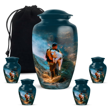 Sea Green Teal Firefighter Cremation Urn top-down view of secure threaded lid - classic sculpted firefighter pattern on smooth aluminum - memorial set with one large and four small urns