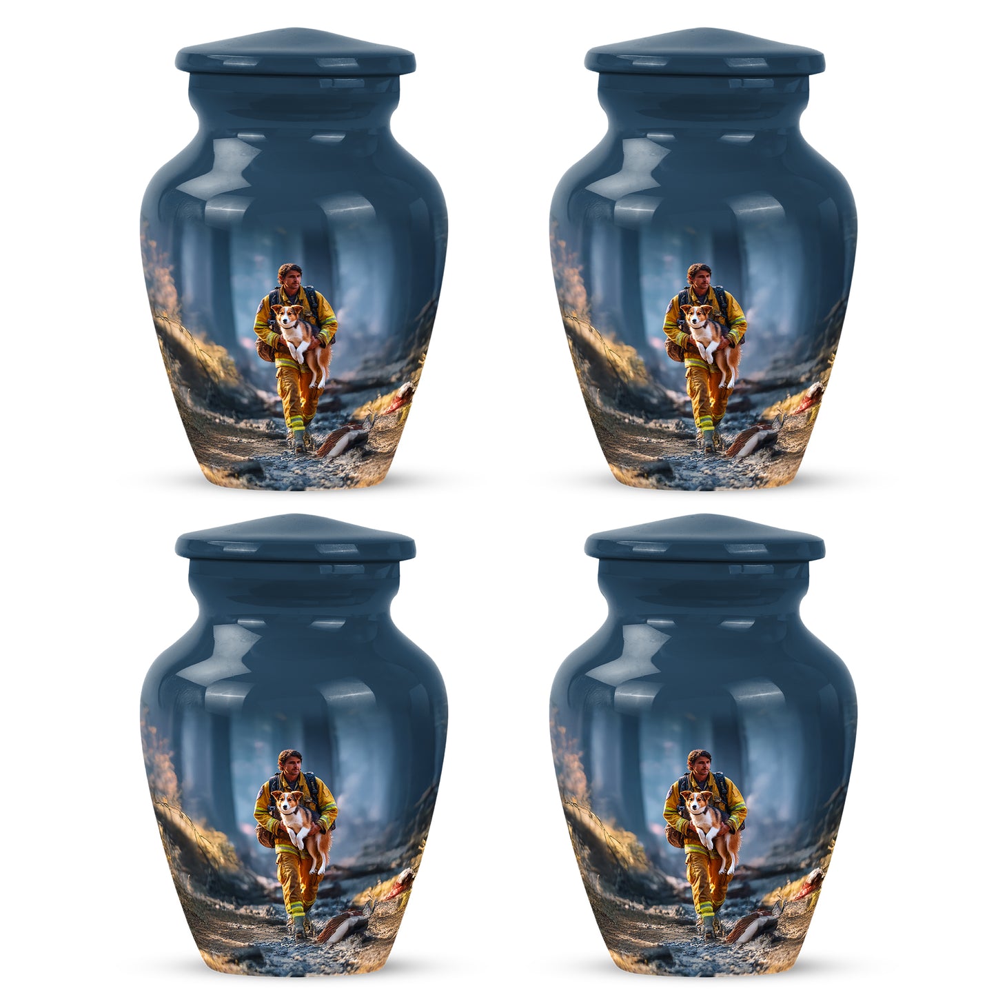 Powder Blue Firefighter Cremation Urn side profile showing urn shape - timeless firefighter motif etched into premium metal - 10 inch aluminum urn for cremated remains