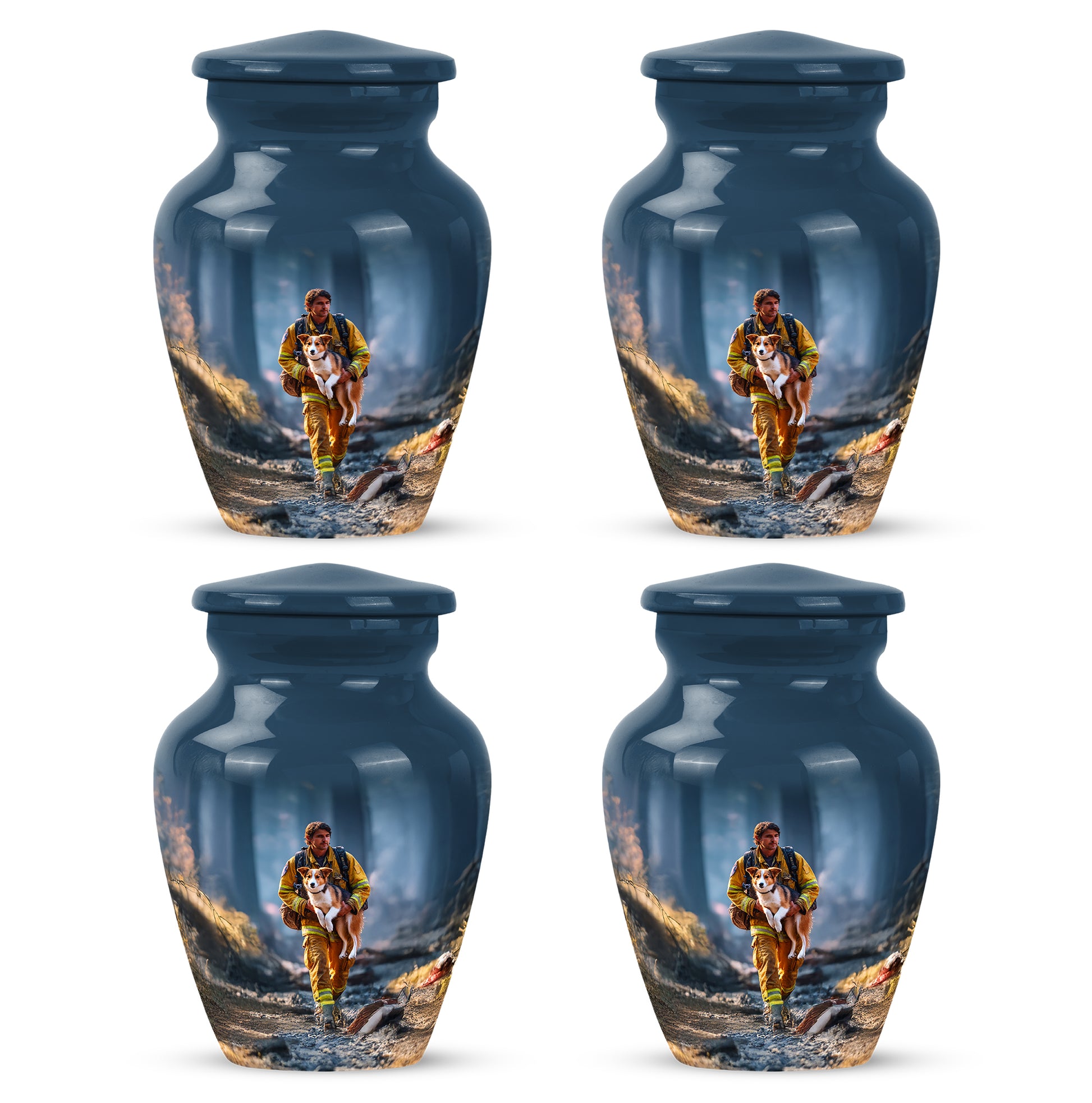 Powder Blue Firefighter Cremation Urn side profile showing urn shape - timeless firefighter motif etched into premium metal - 10 inch aluminum urn for cremated remains