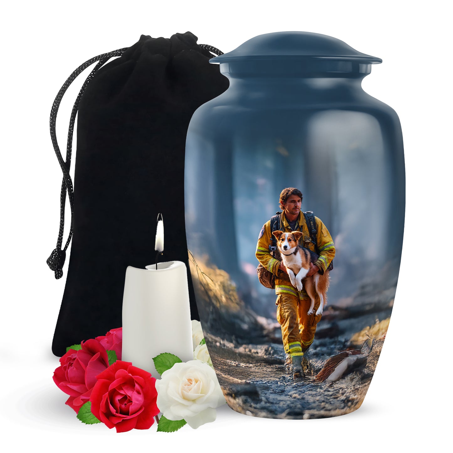 Vivid Blue Firefighter Cremation Urn angled view of lid and engraved motif - elegant classic firefighter relief with fine detailing - full-size 10 inch 200 cubic inch adult cremation urn