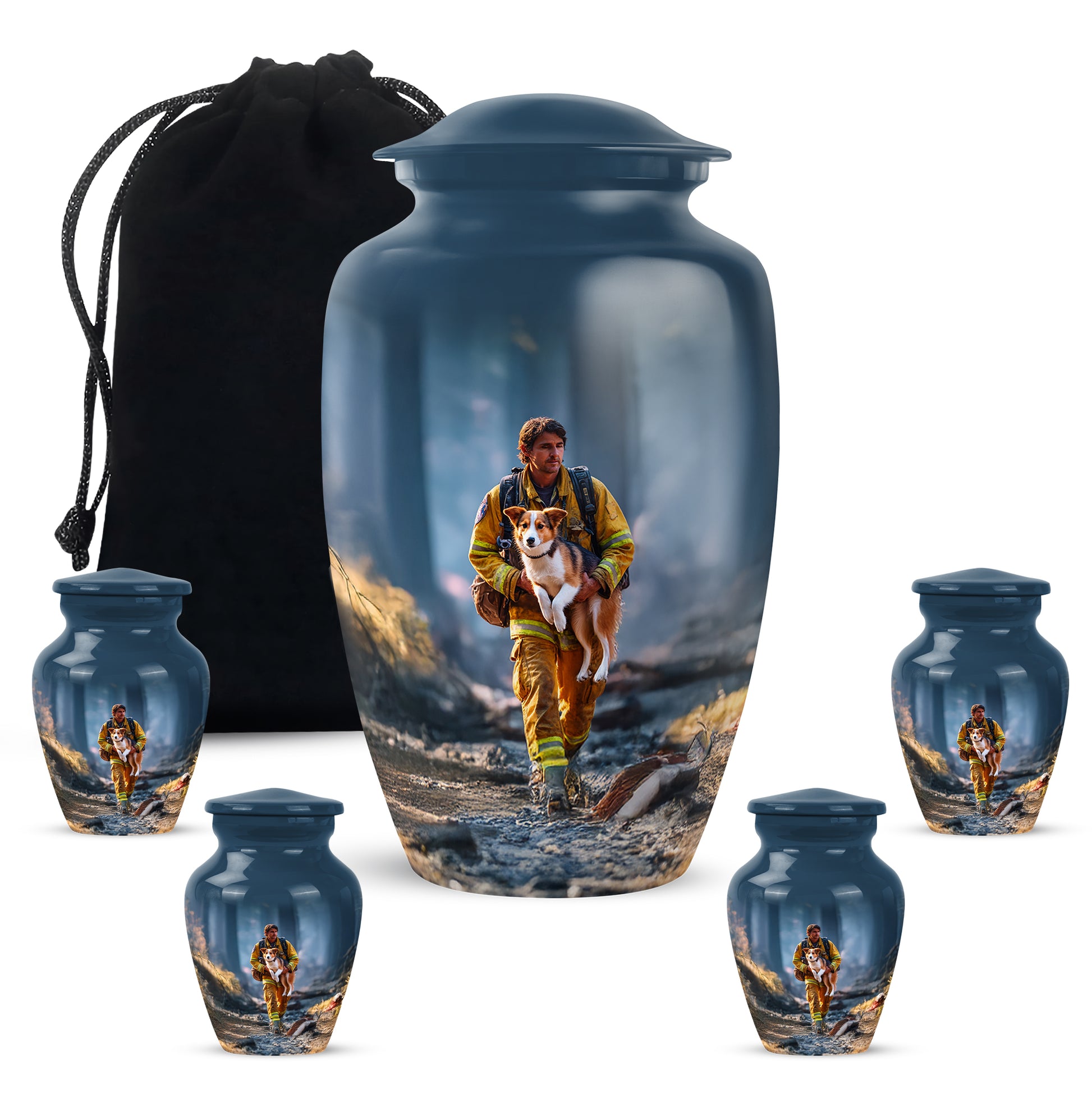 Cornflower Blue Firefighter Cremation Urn top-down view of secure threaded lid - elegant classic firefighter relief with fine detailing - memorial set with one large and four small urns