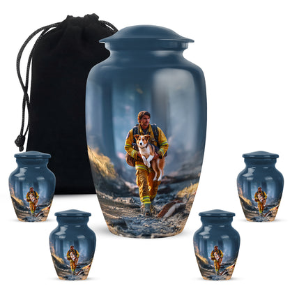 Cornflower Blue Firefighter Cremation Urn top-down view of secure threaded lid - elegant classic firefighter relief with fine detailing - memorial set with one large and four small urns