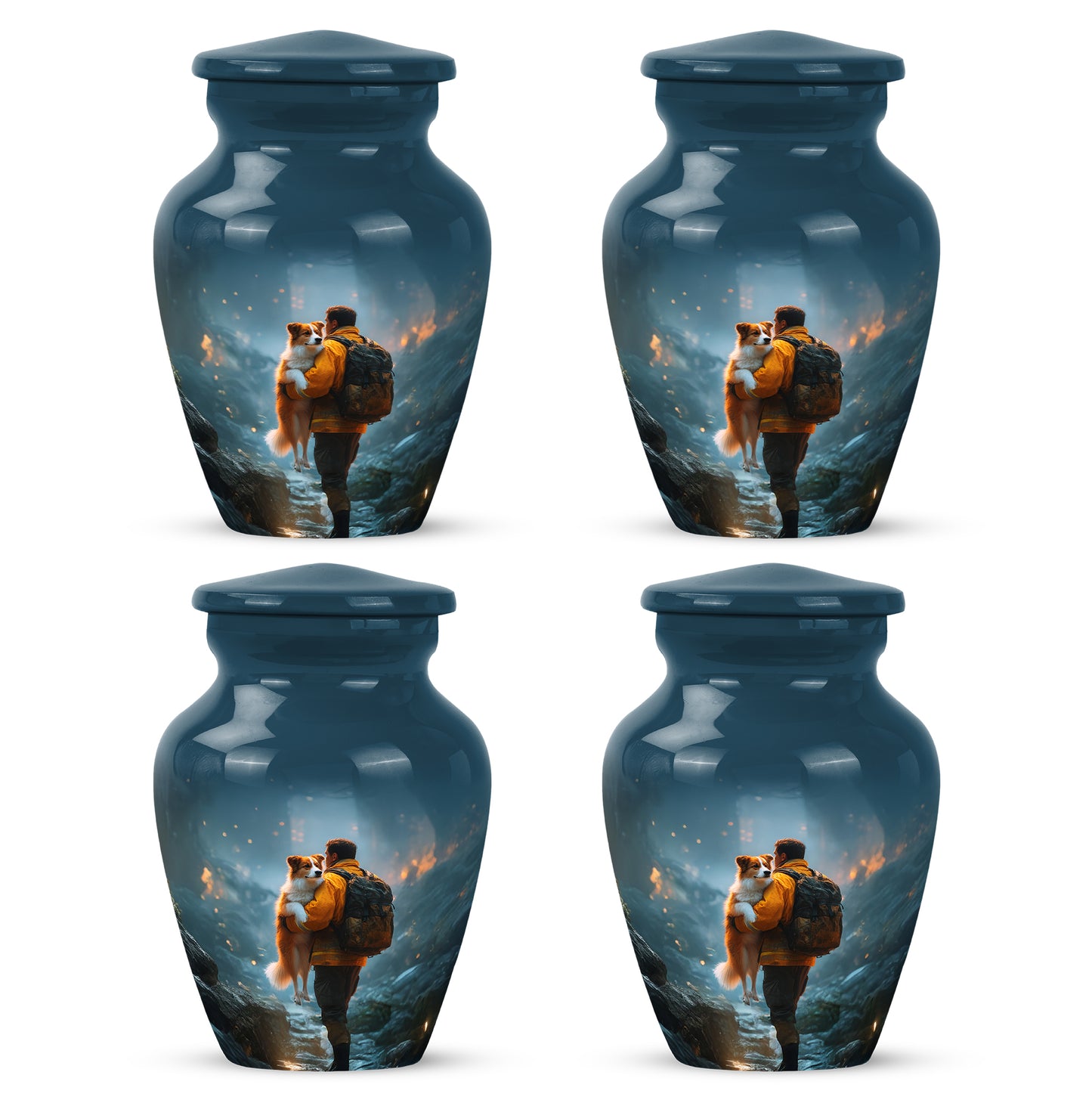 Sky Blue Firefighter Cremation Urn side profile showing urn shape - classic sculpted firefighter pattern on smooth aluminum - 10 inch aluminum urn for cremated remains