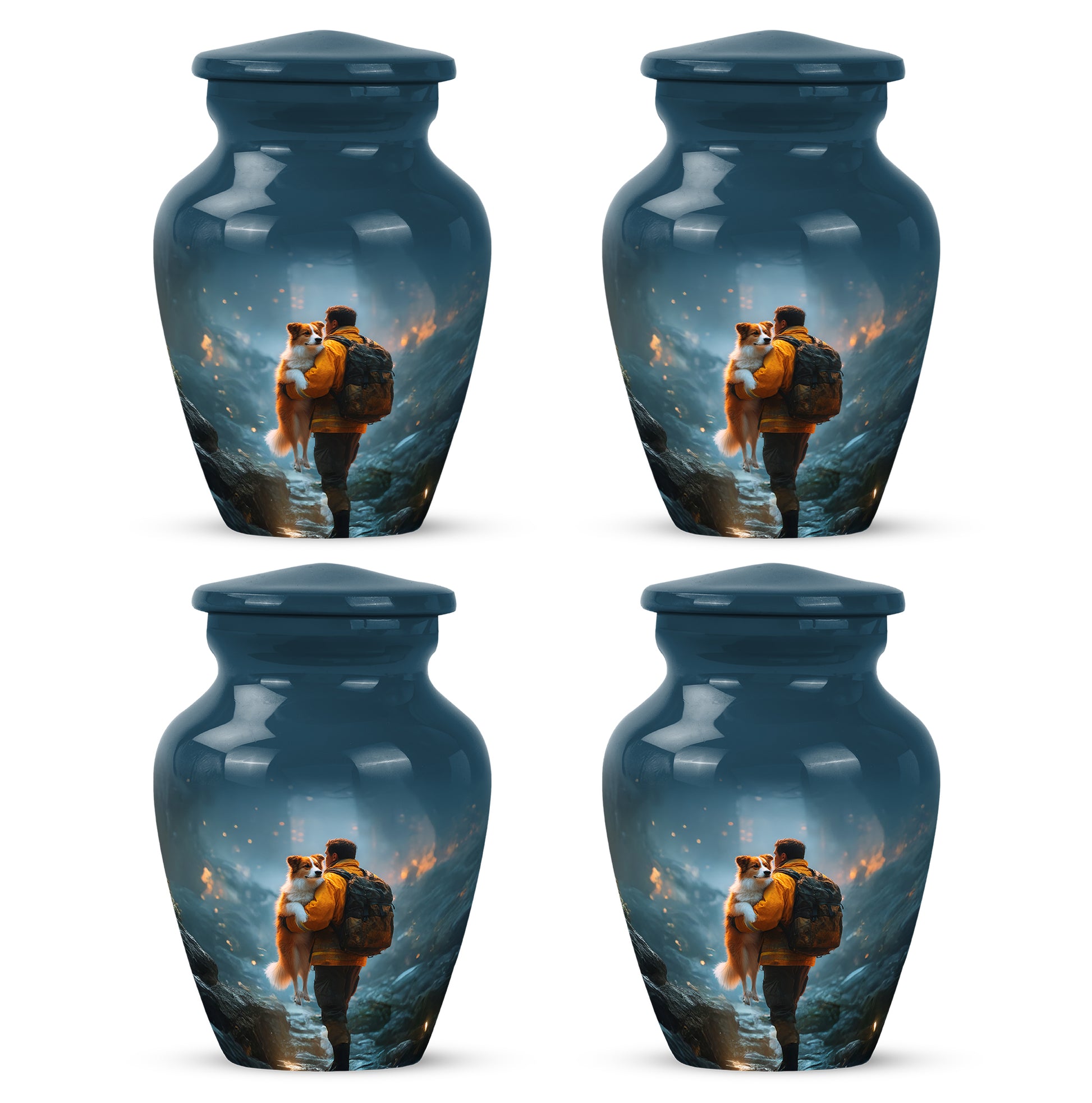 Sky Blue Firefighter Cremation Urn side profile showing urn shape - classic sculpted firefighter pattern on smooth aluminum - 10 inch aluminum urn for cremated remains